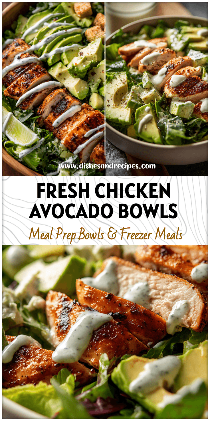 Colorful Avocado Salad Bowl with grilled chicken, fresh greens, ranch drizzle, and ripe avocado slices.